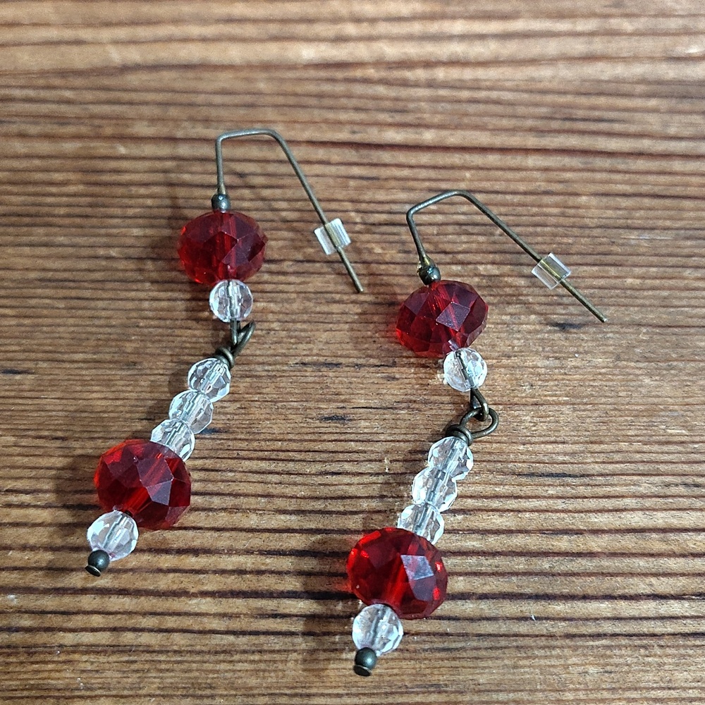 **5 For $20*** Ladies Red and Clear Long Clear Beaded Dangle Earrings, Handmade - Picture 4 of 6